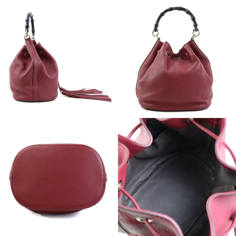 Gucci Leather Red Gold Bag Burgundy Bamboo 2way Shoulder Red Gold